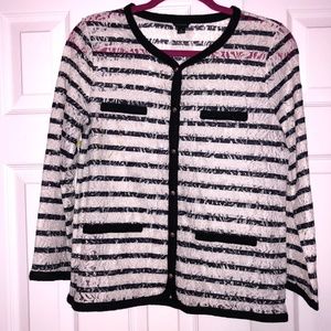 Ann Taylor Black & White Stripe Cardigan Lace Sz M medium